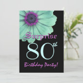 サプライズ80th誕生日テンプレートグリーンパープルデイジー 招待状 (スタンド正面)
