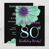 サプライズ80th誕生日テンプレートグリーンパープルデイジー 招待状 (正面/裏面)