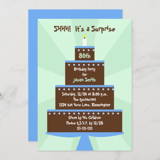サプライズ80th誕生日パーティーの招待ケーキ 招待状 (正面/裏面)