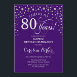 サプライズ80th誕生日パーティー – パープルシルバー 招待状<br><div class="desc">誕生日パーティーの招待状80日。紫エレガントとグリッター銀のフェイクデザイン。スクリプトフォントとダイヤモンド紙吹雪の機能。応援80年！メッセージもしの詳細なカスタマイズが必要。</div>