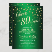 サプライズ80th誕生日パーティー – 金ゴールドグリーン 招待状 (正面/裏面)