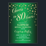 サプライズ80th誕生日パーティー – 金ゴールドグリーン 招待状<br><div class="desc">誕生日パーティーの招待状80日。エレガントグリッターフェイク金ゴールドと緑のデザイン。機能スクリプトフォントと紙吹雪。応援80年！メッセージもしメッセージの年齢がカスタム必要だ。</div>
