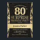サプライズ80th誕生日パーティー – 金ゴールドブラック 招待状<br><div class="desc">サプライズ80th誕生日パーティー招待状の黒と金ゴールド。エレガント招待状・カーフェイクドとグリッター・金ゴールドクラシックデザインパーティーに最適なスタイリッシュ。年齢もしを教えてカスタムくれ。</div>