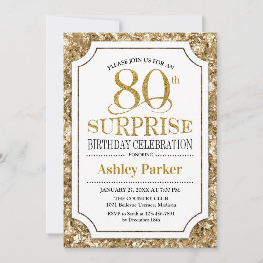 サプライズ80th誕生日パーティー – 金ゴールドホワイト 招待状 (正面)