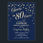 サプライズ80th誕生日パーティー – 金ゴールド海軍 招待状<br><div class="desc">サプライズ80thバースデーパーティー招エレガント待デザインとフェイクグリッター金ゴールドと海軍。機能スクリプトフォントと紙吹雪。応援80年！メッセージもしメッセージの年齢がカスタム必要だ。</div>