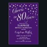 サプライズ80th誕生日パーティー – Silver Purple 招待状<br><div class="desc">サプライズ80thバースデーパーティー招エレガント待デザインとフェイクグリッター銀と紫。機能スクリプトフォントと紙吹雪。応援80年！メッセージもしメッセージの年齢がカスタム必要だ。</div>