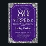 サプライズ80th誕生日パーティー – Silver Purple 招待状<br><div class="desc">サプライズ素朴80th誕生祝い招待状。紫エレガントとフェイクグリッター銀のパタ王室のーンの上品なデザイン。機能スクエレガントリプトフォントメッセージもしの詳細なカスタマイズが必要。</div>