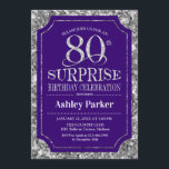 サプライズ80th誕生日パーティー – Silver Purple 招待状<br><div class="desc">サプライズ素朴80th誕生祝い招待状。紫エレガントとフェイクグリッター銀のパタ王室のーンの上品なデザイン。機能スクエレガントリプトフォントメッセージもしの詳細なカスタマイズが必要。</div>
