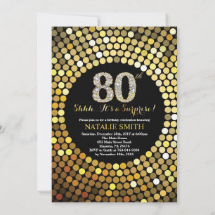 サプライズ80th誕生日ブラックアンド金ゴールドグリッター 招待状