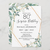 サプライズ80th誕生日ユーカリプタスグリーンリー&金ゴールド 招待状 (正面/裏面)
