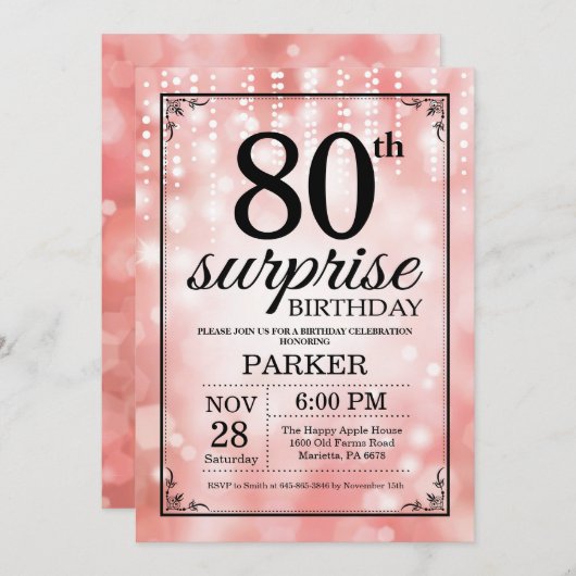 サプライズ80th誕生日招待状ピンクグリッター 招待状 (正面/裏面)