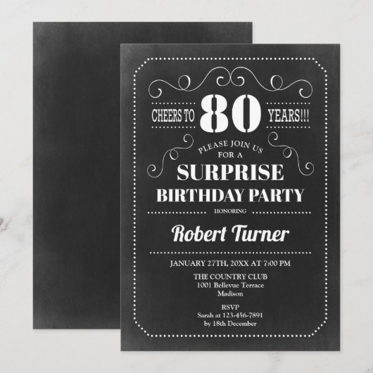 サプライズ80th誕生日- Chalkboard 招待状 (正面/裏面)