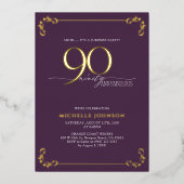 サプライズ90と素晴らしいパープル&金ゴールド誕生日 箔招待状 (正面)