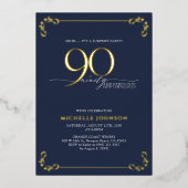 サプライズ90と素晴らしいブルー&金ゴールド誕生日 箔招待状 (正面)
