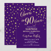 サプライズ90歳の誕生日パーティー - ゴールド パープル 招待状 (正面/裏面)