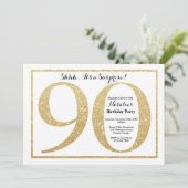 サプライズ90歳の誕生日招待状 ゴールドグリッター 招待状 (スタンド正面)
