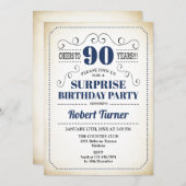 サプライズ90歳の誕生日 - ネイビーブルー ホワイト ブラック 招待状 (正面/裏面)