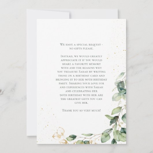 サプライズ90歳の誕生日　ユーカリのカード依頼 招待状 (裏面)