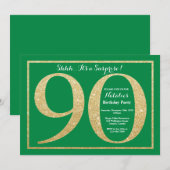 サプライズ90誕生日グリーン&金ゴールドグリッター 招待状 (正面/裏面)