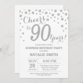 サプライズ90誕生日シルバーグリッターダイヤモンド 招待状 (正面/裏面)