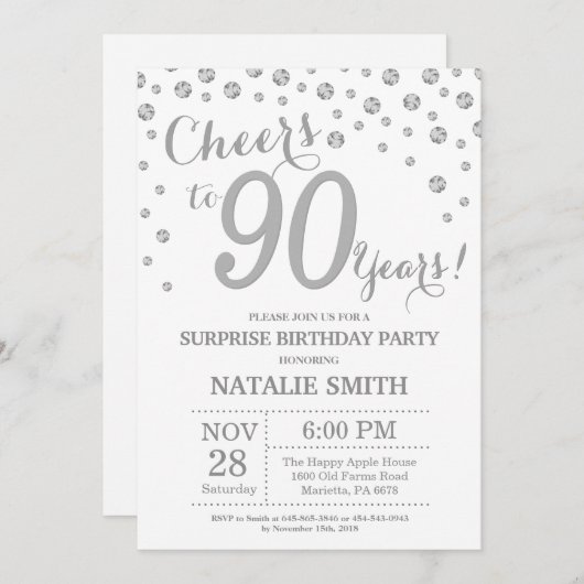 サプライズ90誕生日シルバーグリッターダイヤモンド 招待状 (正面/裏面)