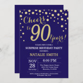 サプライズ90誕生日ネイビーブルーと金ゴールドダイヤモンド 招待状 (正面/裏面)