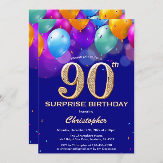 サプライズ90誕生日ネイビーブルーと金ゴールドバルーン 招待状 (正面/裏面)