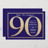 サプライズ90誕生日ネイビーブルー&金ゴールドグリッター 招待状 (正面/裏面)