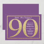 サプライズ90誕生日パープル&金ゴールドグリッター 招待状 (正面/裏面)