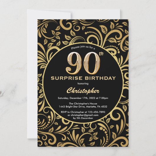 サプライズ90誕生日ブラックと金ゴールドフローラ 招待状 (正面)