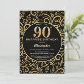 サプライズ90誕生日ブラックと金ゴールドフローラ 招待状 (スタンド正面)