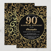 サプライズ90誕生日ブラックと金ゴールドフローラ 招待状 (正面/裏面)