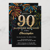 サプライズ90誕生日ブラック金ゴールドレインボー花火 招待状 (正面/裏面)