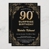 サプライズ90誕生日ブラック&金ゴールドグリッター 招待状 (正面/裏面)