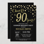 サプライズ90誕生日ブラック&金ゴールドダイヤモンド 招待状 (正面/裏面)