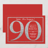 サプライズ90誕生日レッドアンドシルバーグリッター 招待状 (正面/裏面)