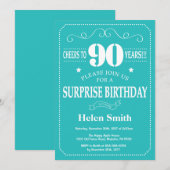 サプライズ90誕生日招待状ティール（緑がかった色）とホワイト 招待状 (正面/裏面)