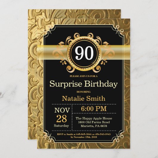 サプライズ90誕生日招待状ブラックと金ゴールド 招待状 (正面/裏面)