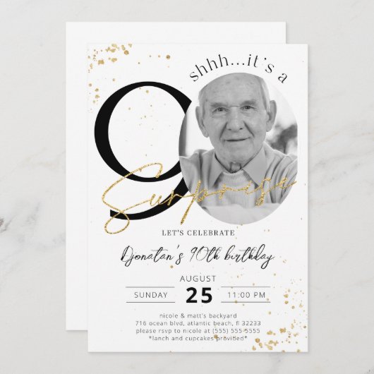 サプライズ90誕生日金ゴールドフォト招待状 招待状 (正面/裏面)