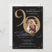 サプライズ90誕生日金ゴールドブラックカスタム写真付 招待状 (正面)
