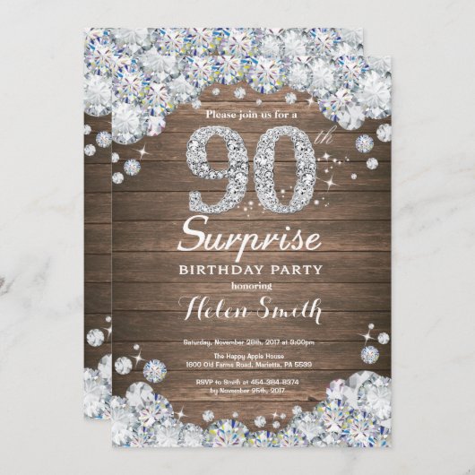 サプライズ90誕生日銀のダイヤモンド 招待状 (正面/裏面)
