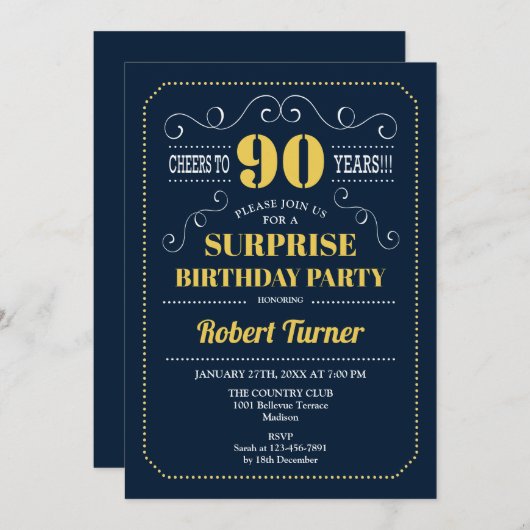 サプライズ90誕生日 – ネイビー金ゴールド 招待状 (正面/裏面)