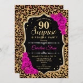 サプライズ90誕生日 – ヒョウ黒金ゴールドピンク 招待状 (正面/裏面)