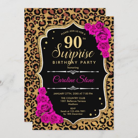 サプライズ90誕生日 – ヒョウ黒金ゴールドピンク 招待状 (正面/裏面)