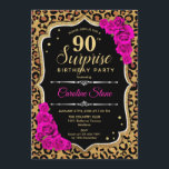 サプライズ90誕生日 – ヒョウ黒金ゴールドピンク 招待状<br><div class="desc">サプライズ90th誕生日招待状。黒フェミニン色、ホットピンクのデザインとフェイクグリッター金ゴールド。動物ヒョウのチーターパターン、明るい赤紫色バラ、スクリプトフォントと紙吹雪を特徴とする。エレガントな誕生日パーティーに最適。任意のパーソナライズされた年齢を示すことができる。メッセージもしの詳細なカスタマイズが必要。</div>