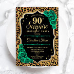 サプライズ90誕生日 – ヒョウ黒金ゴールドピンク 招待状<br><div class="desc">90th Birthday Party Invitation（誕生日パーティーへの招待）エメラルドフェミニングリーンデザインとフェイクグリッター金ゴールド。動物のチートヒョウのプリント、バラ、スクリプトフォントと紙吹雪を特徴とする。女性の日エレガントお祝いに最適。任意のパーソナライズされた年齢を示すことができる。印刷されたZazzle招待状または即時ダウンロードのデジタル印刷可能なテンプレート。</div>