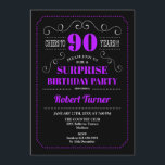 サプライズ90誕生日 – ブラックパープル 招待状<br><div class="desc">サプライズ90th誕生日招待状。レトロエレガントな黒板、紫、白のデザイン。応援90年！任意の年齢カスタマイズを示すことができる。</div>