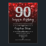 サプライズ90誕生日 – ブラックレッドシルバー 招待状<br><div class="desc">サプライズ90th誕生日招待状。黒エレガント赤デザインとフェイクグリッター銀大人の誕生日。ダイヤモンド、《写真》ぼけ味ライト、スクリプトフォント。男女の招待状。誕生日パーティスタイリッシュに最適。メッセージもしの詳細なカスタマイズが必要。</div>