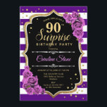 サプライズ90誕生日 – 紫金ゴールド 招待状<br><div class="desc">サプライズ90th誕生日招待状。紫フェミニン黒金ゴールドデザインとフェイクグリッター金ゴールド。機能ストライプ、紫のバラ、スクリプトフォントと紙吹雪。エレガントな誕生日パーティーに最適。任意のパーソナライズされた年齢を示すことができる。メッセージもしの詳細なカスタマイズが必要。</div>