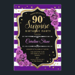 サプライズ90誕生日 – 紫金ゴールド 招待状<br><div class="desc">サプライズ90th誕生日招待状。紫フェミニン黒金ゴールドデザインとフェイクグリッター金ゴールド。機能ストライプ、紫のバラ、スクリプトフォントと紙吹雪。エレガントな誕生日パーティーに最適。任意のパーソナライズされた年齢を示すことができる。メッセージもしの詳細なカスタマイズが必要。</div>